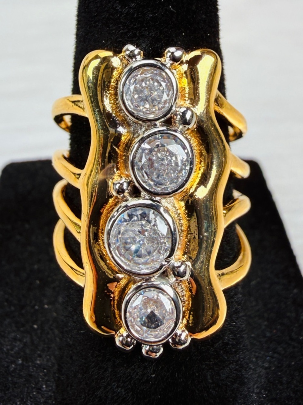Modern Goldtone Bling Long Statement Costume Ring sz 5.5